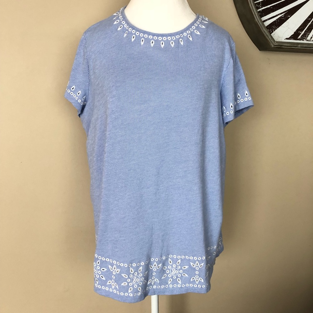J.Jill Blue Short-Sleeve Top w/ White Pattern, XL - Picture 1 of 8